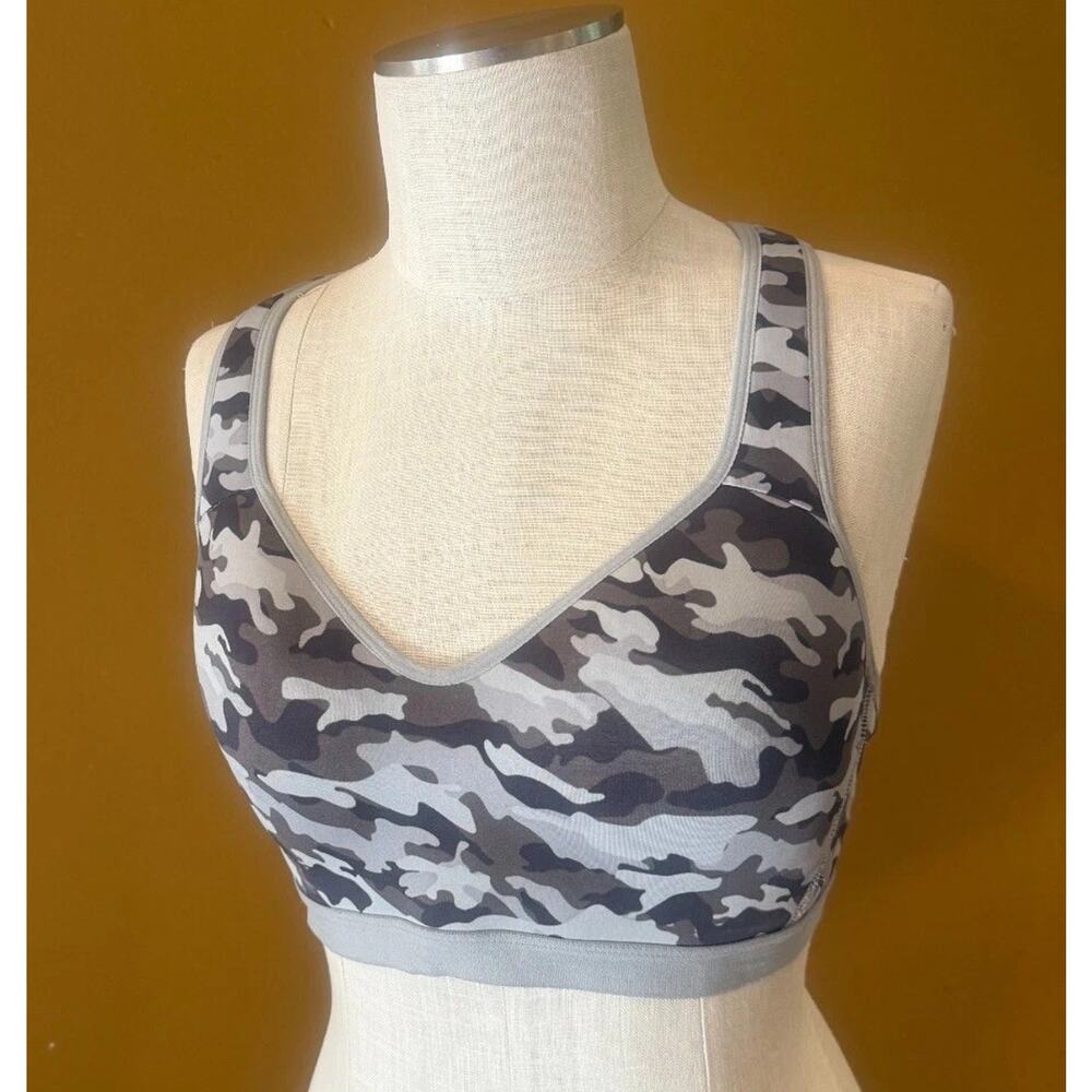 Layers Sports Bra Womens Large Gray Camo Print Polyester Wide Straps Racerback